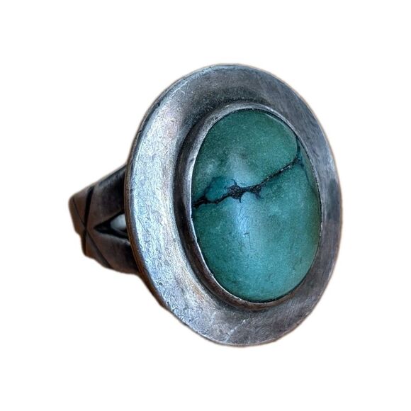 Vintage Navajo Green Turquoise Ring Cabochon Sterling Silver Size 8 Old Pawn - Picture 6 of 8
